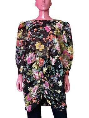 Vintage 80s/90s 18W Gauze Blouse Puff Sleeve Dark Floral Black Longline Plus Top